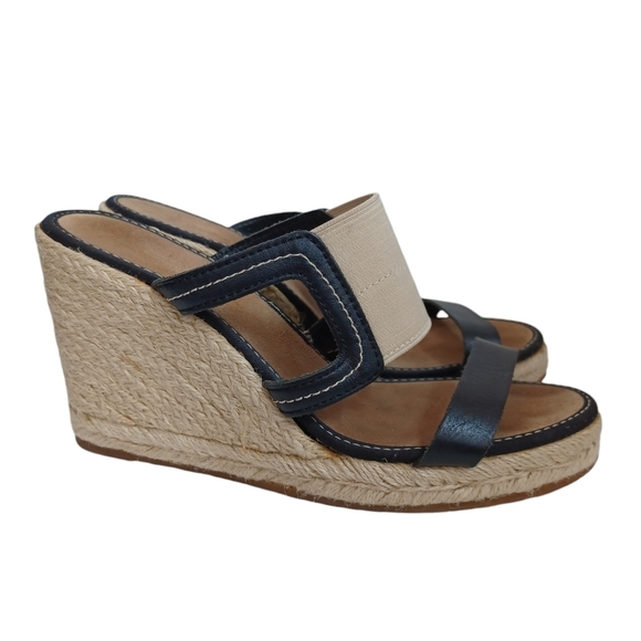 Tommy Bahama Wedge Sandal Espadrilles Black Tan Slip On Mule Womens 9 B - Picture 1 of 15